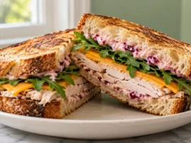 Toasted turkey sandwich with cranberry mayo, cheddar and arugula, cut in half to show the filling.