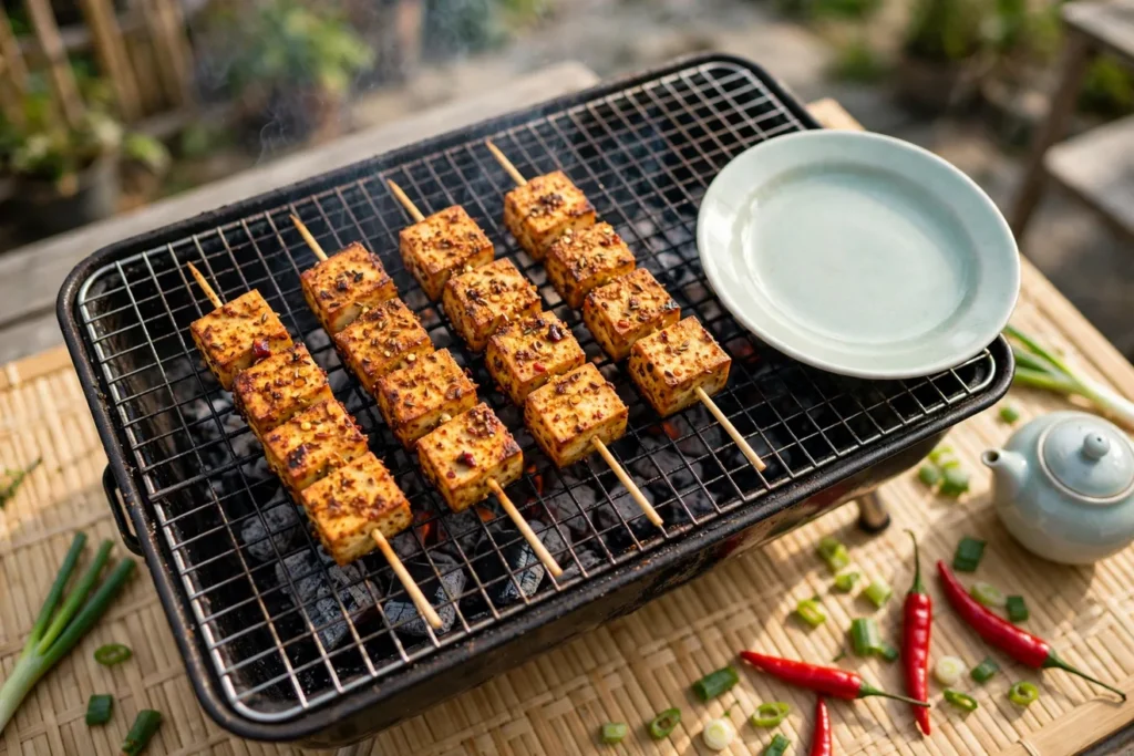 Tofu chuan'r, Chinese grilled tofu skewers, with a cumin-chile shaokao crust.