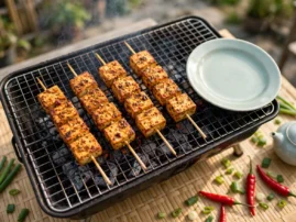 Tofu chuan'r, Chinese grilled tofu skewers, with a cumin-chile shaokao crust.