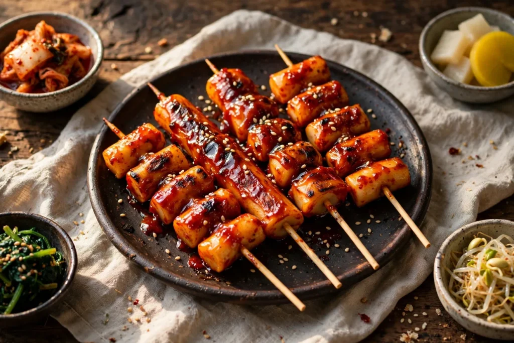 Tteok kkochi, Korean grilled rice cake skewers, with a gochujang glaze.