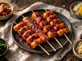 Tteok kkochi, Korean grilled rice cake skewers, with a gochujang glaze.