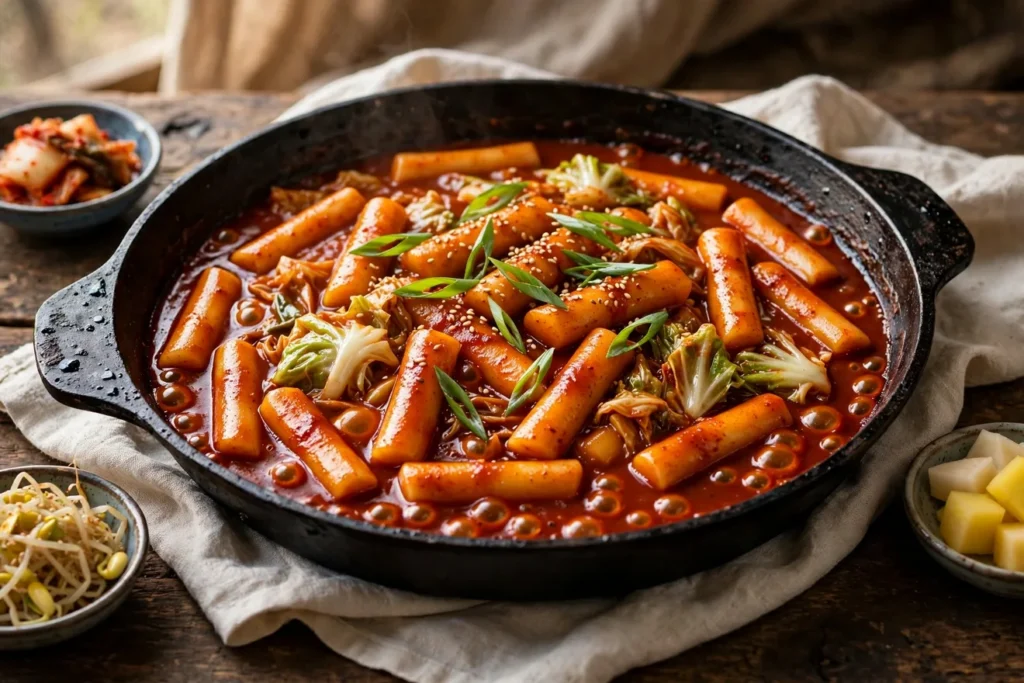 Tteokbokki, Korean spicy rice cakes, simmered in cast iron.