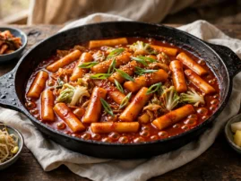 Tteokbokki, Korean spicy rice cakes, simmered in cast iron.