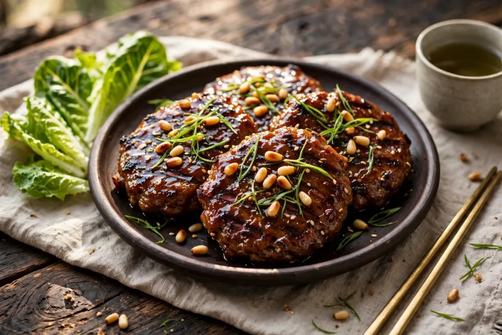 Tteokgalbi, Korean grilled short rib patties, with a sweet soy glaze.