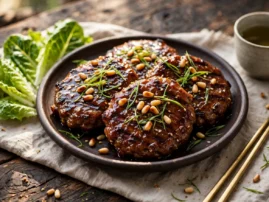 Tteokgalbi, Korean grilled short rib patties, with a sweet soy glaze.