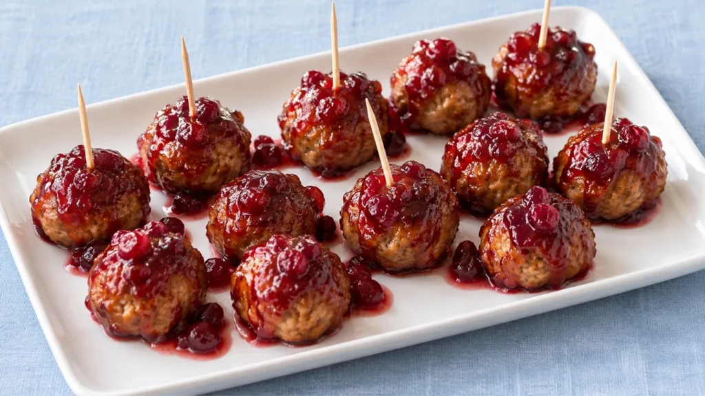 Cranberry-glazed turkey meatballs arranged on a platter with appetizer toothpicks.