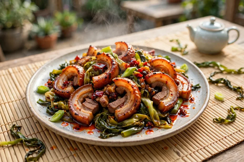 Twice-cooked pork, hui guo rou, with leeks and chile bean paste in cast iron.