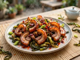 Twice-cooked pork, hui guo rou, with leeks and chile bean paste in cast iron.