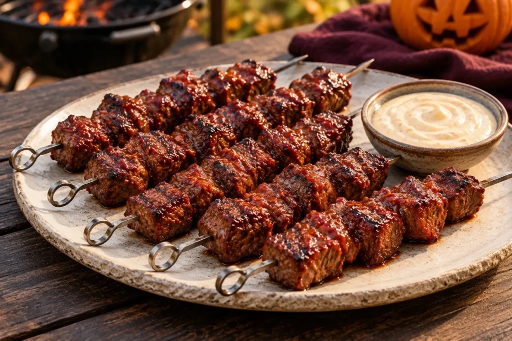 Grilled steak skewers with red pepper glaze and roasted garlic dip.