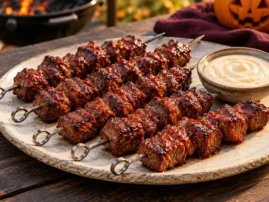 Grilled steak skewers with red pepper glaze and roasted garlic dip.