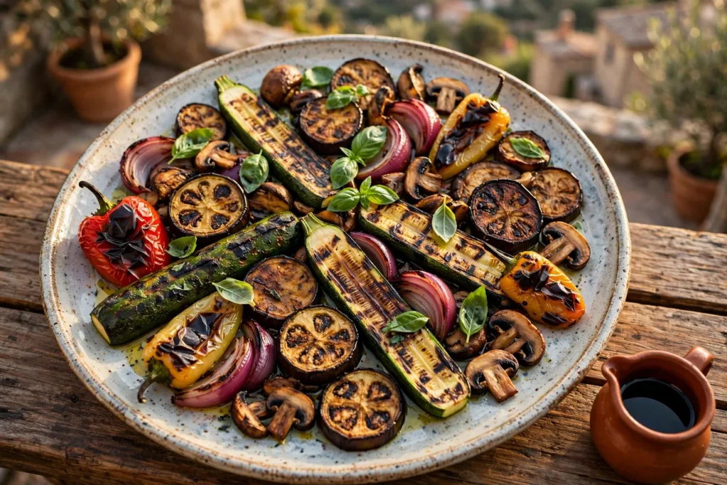 Verdure alla griglia, mixed grilled vegetables with basil and balsamic.