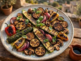 Verdure alla griglia, mixed grilled vegetables with basil and balsamic.