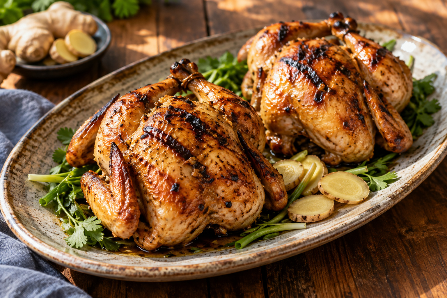 Whole Grilled Cornish Hens with Ginger