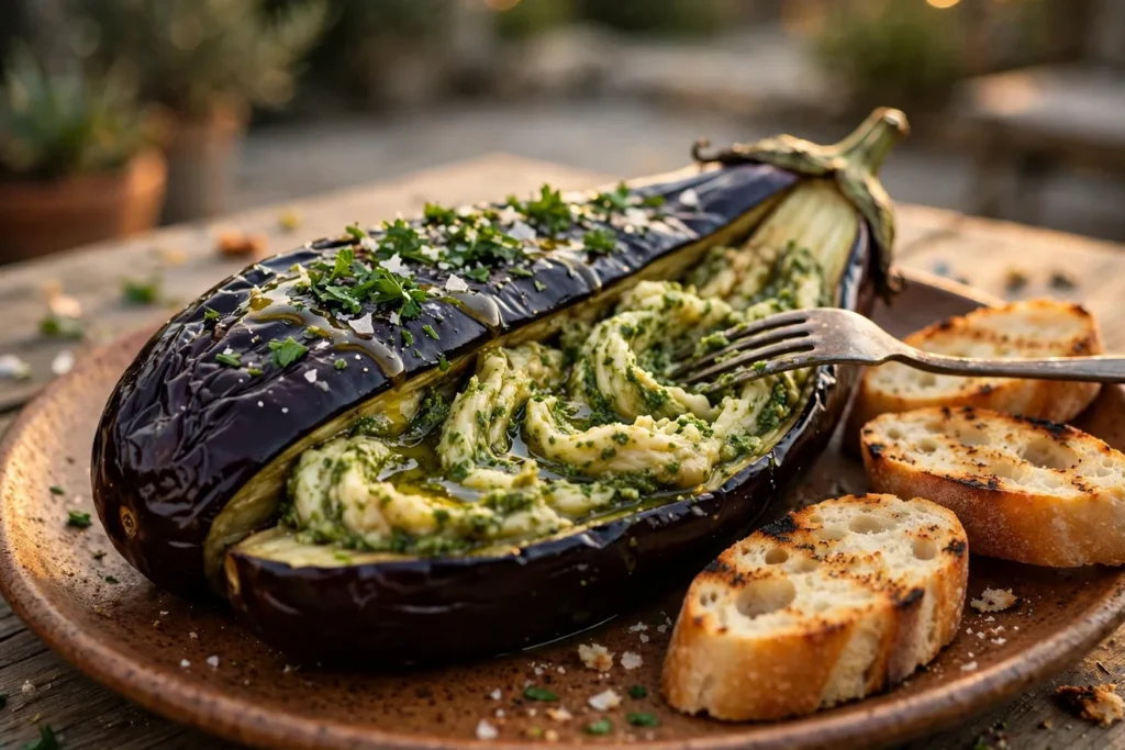 Whole grilled eggplant served in its skin, the creamy flesh fluffed with pesto and parsley, with grilled baguette slices.