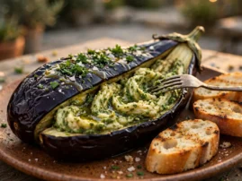Whole grilled eggplant served in its skin, the creamy flesh fluffed with pesto and parsley, with grilled baguette slices.