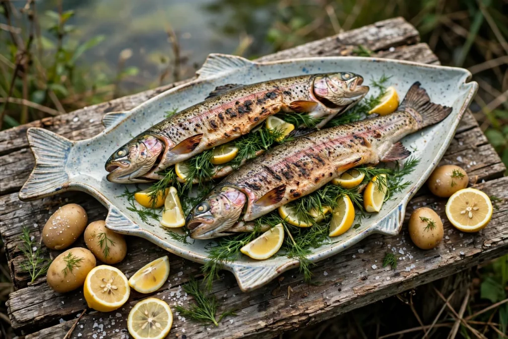 Whole grilled trout stuffed with lemon, dill, and onion, with potatoes.