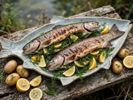 Whole grilled trout stuffed with lemon, dill, and onion, with potatoes.