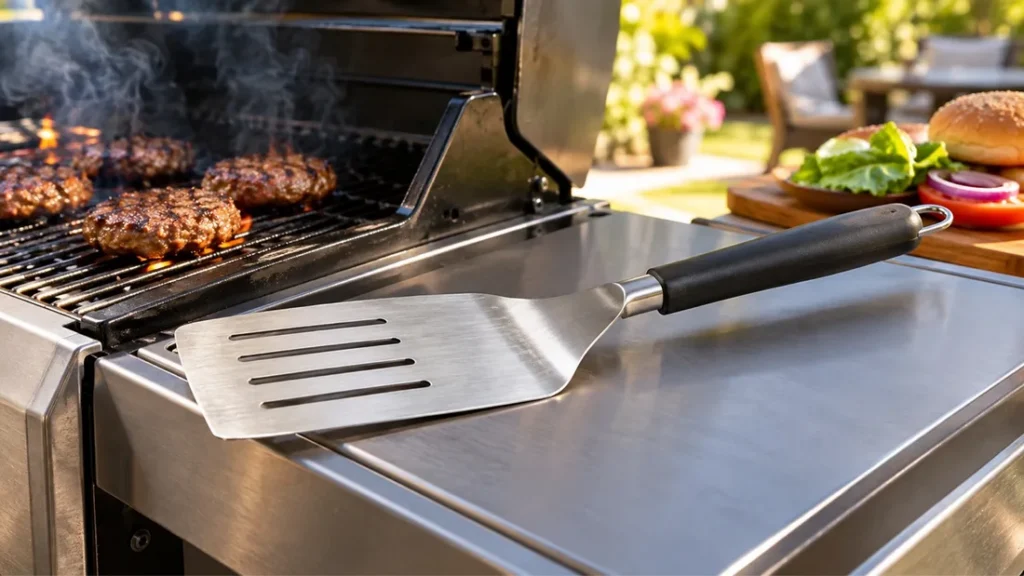 Wide slotted grill spatula on a grill side shelf with burgers cooking on the grate behind