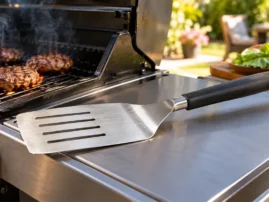 Wide slotted grill spatula on a grill side shelf with burgers cooking on the grate behind