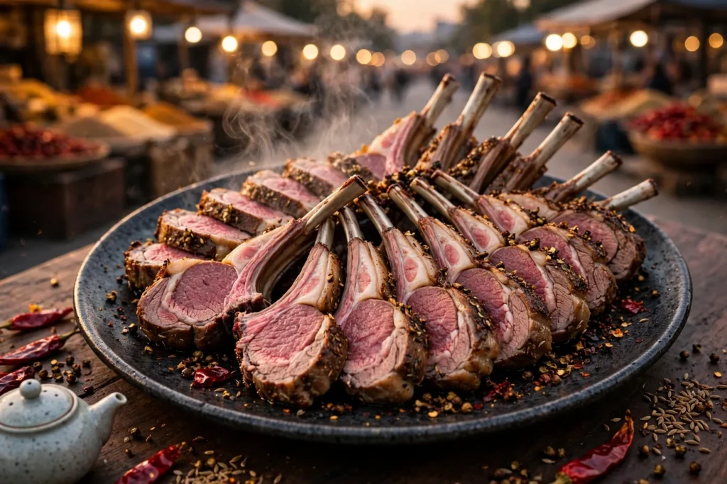 Xinjiang cumin lamb chops with a cumin, chile, and Sichuan pepper crust.