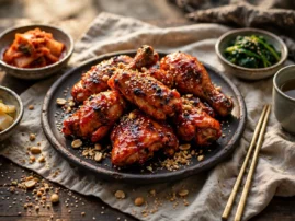 Yangnyeom grilled chicken with a sweet-spicy gochujang glaze.