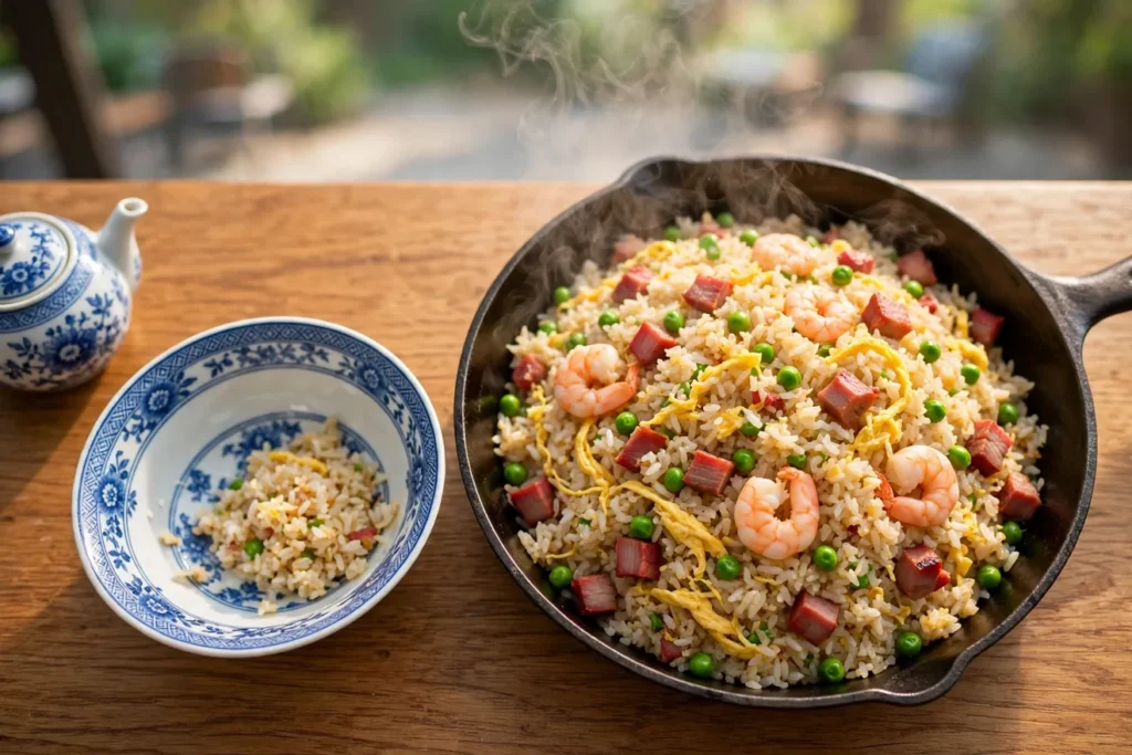 Yangzhou fried rice in cast iron with shrimp, char siu, egg, and peas.