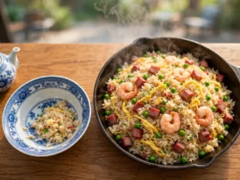 Yangzhou fried rice in cast iron with shrimp, char siu, egg, and peas.