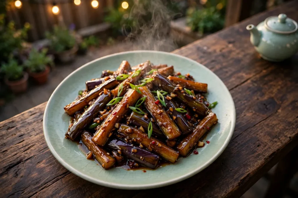 Eggplant in garlic sauce, yu xiang style, braised in cast iron with scallions.