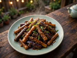 Eggplant in garlic sauce, yu xiang style, braised in cast iron with scallions.